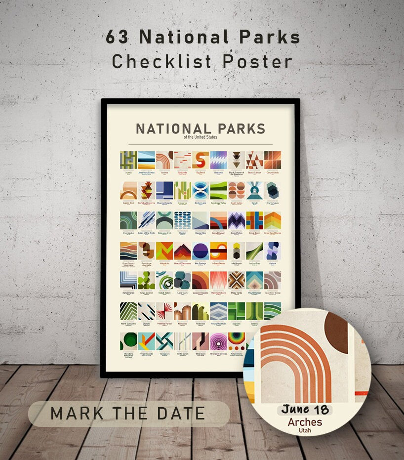 US National Park Checklist Poster - National Parks Tracker - National Park Checklist Bucket List Poster Tracker - Yellowstone, Zion...