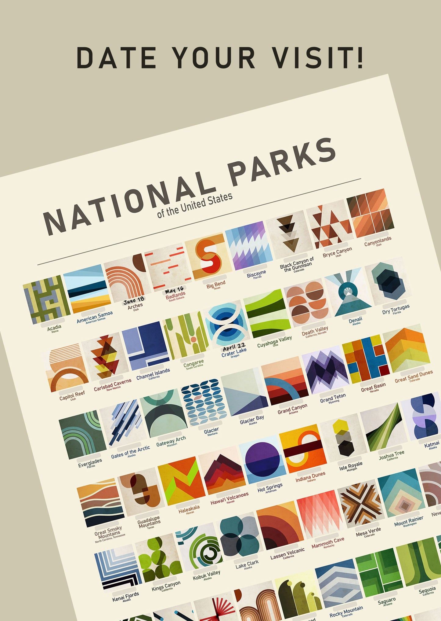 US National Park Checklist Poster - National Parks Tracker - National Park Checklist Bucket List Poster Tracker - Yellowstone, Zion...