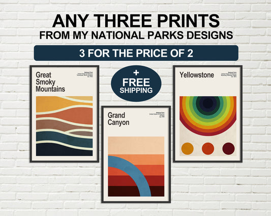 National Park Print Set | Set of 3 Prints | Mid-Century Modern Travel Poster | Abstract Travel Poster | Grand Canyon | Yellowstone | Zion