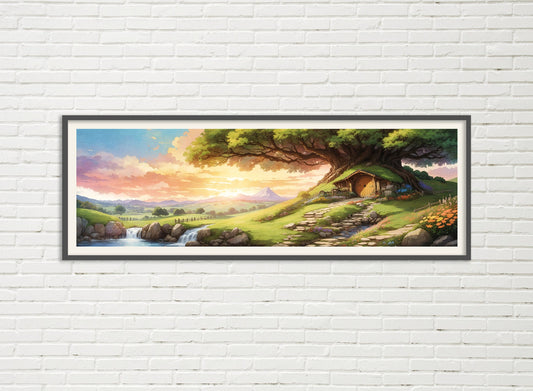 Sunset in the Shire - Hobbiton Panorama Poster - Lord of the Rings Scenic Painting - Lotr Art - Bag End