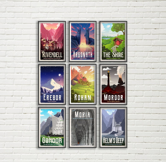 FULL SET - Lord of the Rings Travel Poster Set, No AI Art, The Shire, Erebor, Rivendell and more, Lotr Wall Art, Middle Earth Travel Poster