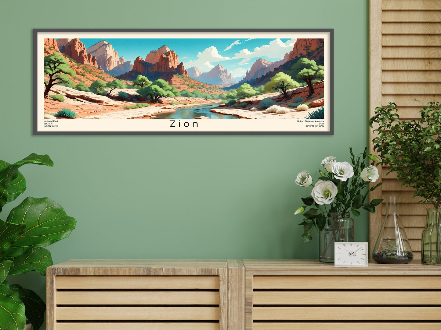 Zion National Park Panoramic Travel Art, National Park Panorama Print, Birthday present, Wedding anniversary gift, horizontal poster