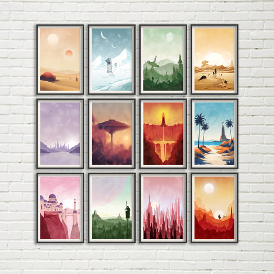 Star Wars Travel Planet Poster Set - Tatooine, Hoth, Bespin Naboo Mustafar - Starwars Birthday Gift Poster Bundle - Star Wars Wall Art