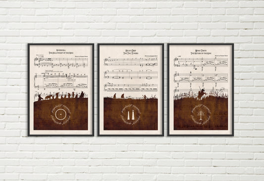 Lord of the Rings - Set of 3 Sheet Music Art Prints - Fellowship, Two Towers, Return of the King - Wall Art Lotr