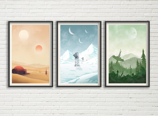 Star Wars Travel Poster Set, Tatooine, Hoth and Endor, Star Wars Planet Minimalist Poster Bundle