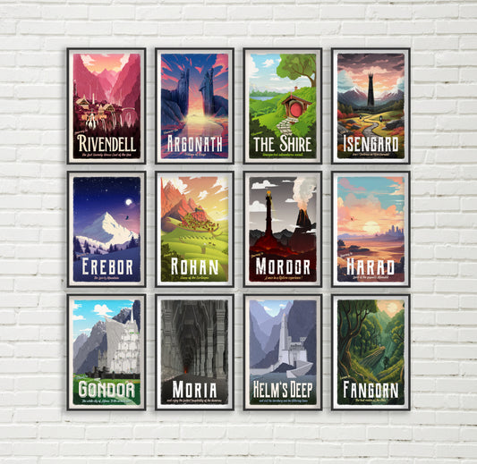 FULL SET - Lord of the Rings Travel Poster Set, The Shire, Erebor, Rivendell and more, Lotr Wall Art, Middle Earth Travel Poster